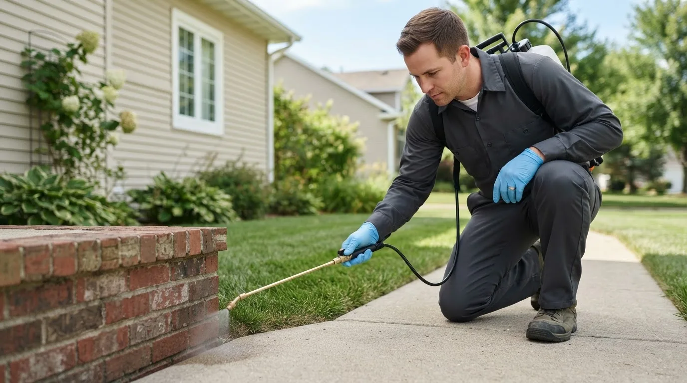 Pest control technician treating a home near Cuddy, PA